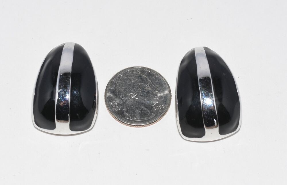MORGAN TAYLOR Designer Logo Black & Silver Enamel Clip Earrings 1.5"